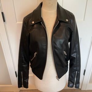 BLANK NYC Black faux leather bomber jacket with removable hoodie